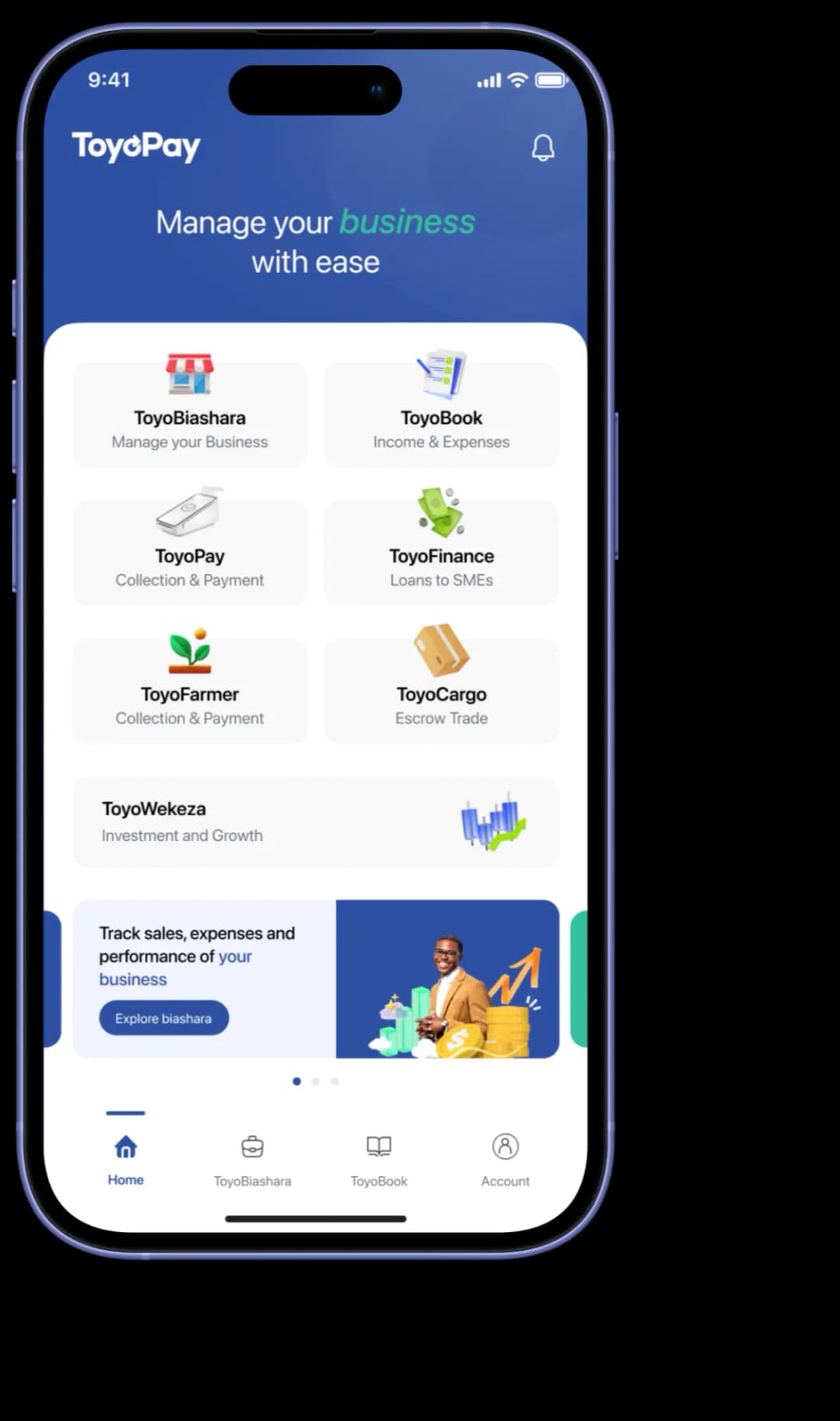 The ToyoPay app home screen